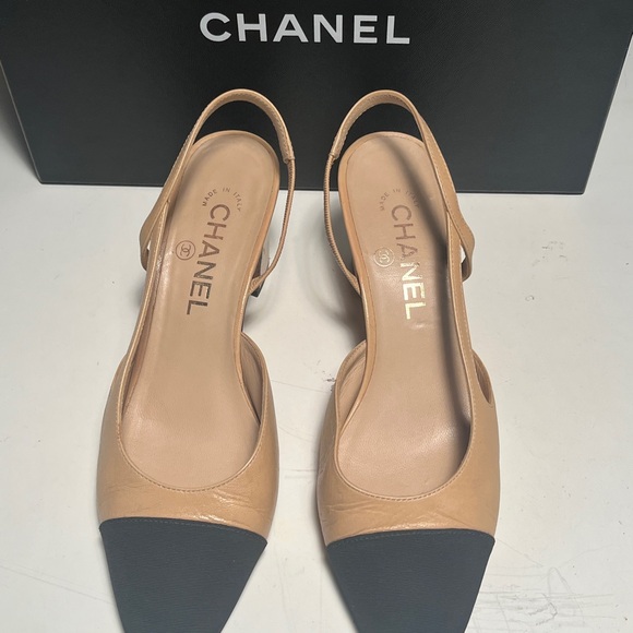 CHANEL Shoes - CHANEL Beige and Black Slingback Heels